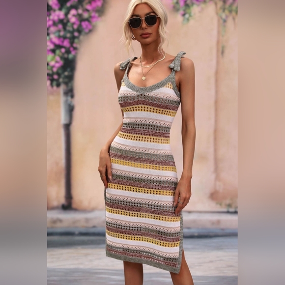 Retro Cutout Openwork Knit Tie Shoulder Stripe Swimwear Cover Up Slit Side Dress - Picture 1 of 11
